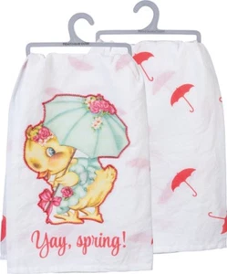 Easter~"Yay, Spring!" Chick & Umbrella~Tea Towel~Hand/Kitchen/Dish~Cotton~Retro - Picture 1 of 3