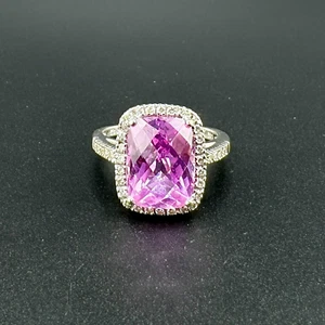 5CT PINK TOPAZ & 0.48CTW DIAMOND RING - 14K WHITE GOLD - SZ 6.75 - Picture 1 of 13