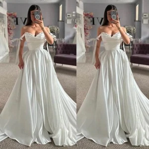 Satin Wedding Dresses Off the Shoulder Ruching Beaded Sweep Train Bridal Gowns - Picture 1 of 9