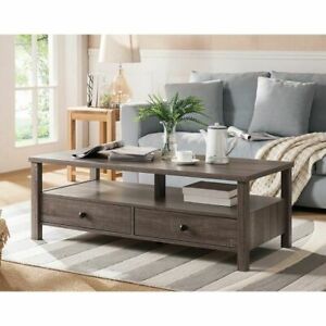 Transitional Distressed Grey Coffee Table with Two Drawers And Shelf