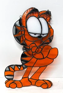 Vintage Garfield Orange Cat Stained Glass Framed Suncatcher - Picture 1 of 3