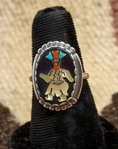 Zuni Inlay Ring Sz 7.5  Black Apache Ghan Dancer  Sterling Silver  Collectible - Picture 1 of 6