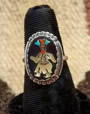 Zuni Inlay Ring Sz 7.5  Black Apache Ghan Dancer  Sterling Silver  Collectible - Image 1 of 4
