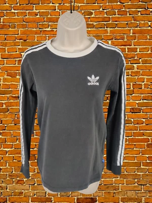 WOMENS ADIDAS SIZE UK 8 BLACK 3 STRIPE LONG SLEEVE CASUAL SPORT CREW T SHIRT TOP - Image 1 of 4