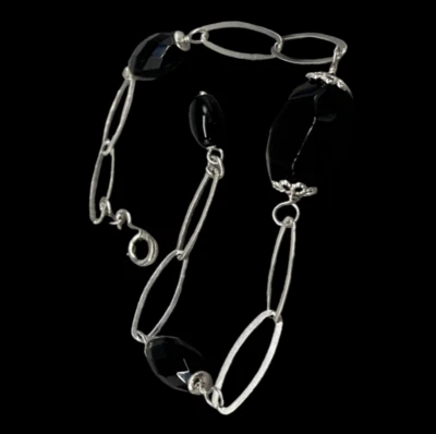 Pulsera Mujer Elegante Piedras Óvalos Naturales Ónix Facetadas Negro argento925 - Imagen 1 de 4