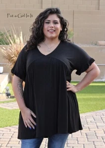 New Womens PLUS SIZE BLACK BABYDOLL V NECK RUFFLE JERSEY TUNIC SHIRT 1X 2X 3X - Picture 1 of 6