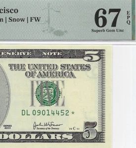 2003 $5 SAN FRANCISCO *STAR* ⭐️ FRN. PMG Superb GEM Uncirculated 67 EPQ Banknote - Picture 1 of 3