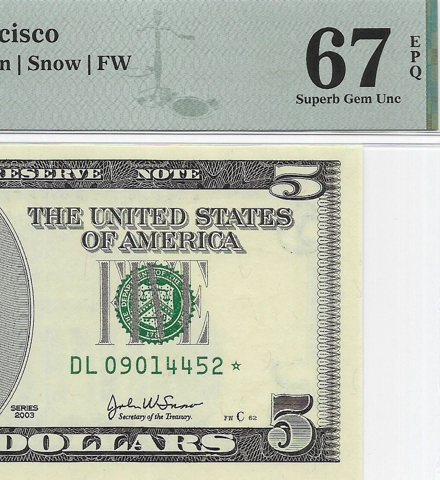 2003 $5 SAN FRANCISCO *STAR* ⭐️ FRN. PMG Superb GEM Uncirculated 67 EPQ Banknote - Image 1 of 3