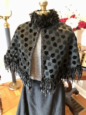 Antique VICTORIAN Gothic 1890s Silk CUT-VELVET Jet-Beaded/Sequin CAPE W/Spangles - Image 1 of 4