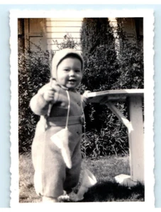 Vintage Photo 1940s, Toddler Front Yard Lawn, Mittens on String , 3.5 x 2.5 - Picture 1 of 2