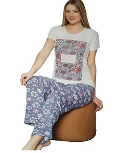 Damen Pyjama Lang Set Nachtwäsche Schlafanzug Blumen Kurzarm 2 Teiler Baumwolle - Bild 1 von 2