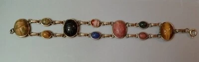Vintage Gold Filled Bracelet w. 10x Multicolor Carved Gemstones Cabs 1/20 12K - Image 1 of 4