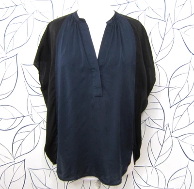 Blusa Top Vince 100% Seda Azul Marino y Negro Bloques de Color Manga Gorra Talla L Foto 1 de 4