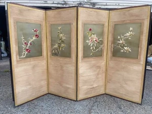 Antique Chinese Embroidered Folding Screen Birds & Flowers Qing Republic Era Art - Picture 1 of 12