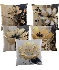 Gold Floral Cushion Covers Set of 5 16×16″ Modern Abstract Throw Pillow Cases” - Picture 1 of 8