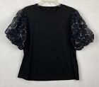 Women VERY Puffy Mesh Layer Sleeves Tee Top Size 1X Black Sequin Antwelfth