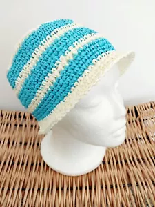 Blue and Cream Striped Raffia Hat, M-L adult 51-56cm (20-22"). - Picture 1 of 8