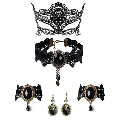4pcs Women's Gothic Halloween Masquerade Set Lace Choker Mask Bracelet Earrings - Image 1 of 4