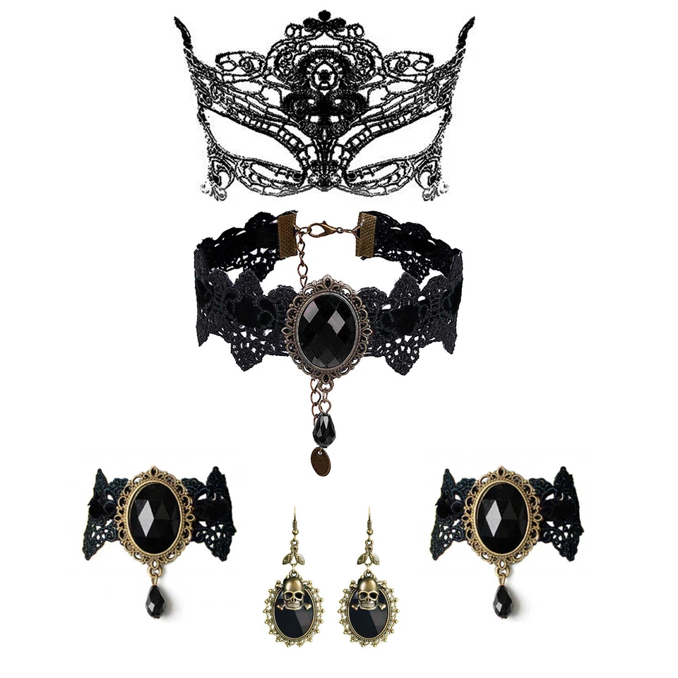Conjunto de 4 piezas de aretes pulsera máscara gargantilla encaje Halloween gótico para mujer Foto 1 de 4