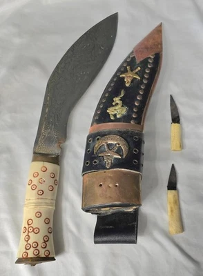 Vintage Nepalese Kukri/Khukuri Knife (With 2 Small) With Bone Handle And Sheath - Image 1 of 4