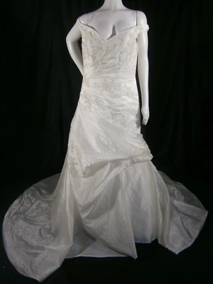 Casablanca Bridal Wedding Dress 14 Ivory Sleek Satin Ruched Asymmetrical Beaded - Image 1 of 4