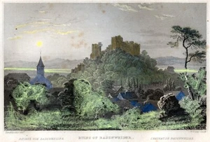 1840 Steel Engraving colored RUINSOF BADENWEILER Burg Castle Germany - Picture 1 of 3