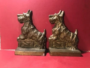 1940s/50s CAST SOLID BRASS BOOKENDS--SCHNAUZER DOGS--DECADES OLD TARNISH/PATINA - Picture 1 of 6