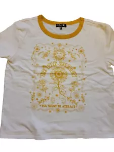NWT BE THE ENERGY CELESTIAL FLOWER MUSTARD TRIM T-SHIRT TOP RINGER LARGE - Picture 1 of 1