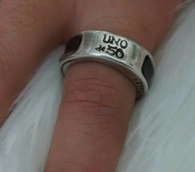 NEW Engraved Uno De 50 UNISEX Black Leather Silver Band Statement Ring 7.5 M L - Изображение 1 из 4