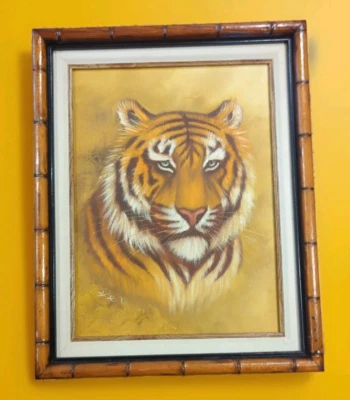 Tigre pintado a mano sobre lienzo en marco de bambú sintético por el artista Rex intenso vintage Foto 1 de 4