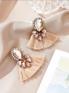 Dusty Pink Tassel Statement Earrings Indian/Pakistani Bollywood Party Wedding - Picture 1 of 1