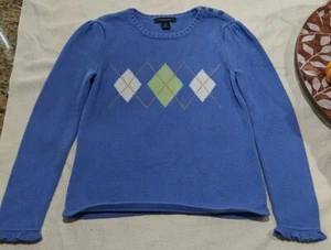 LANDS END Girl's Argyle Periwinkle Blue Sweater sz 7-8 - 100% Cotton Size 7 / 8 - Picture 1 of 11