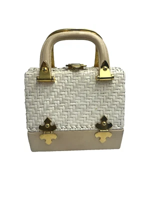 Vintage 1960s Rodo Designer Purse Handbag White Wicker Tan Leather Brass Italy - Image 1 of 4