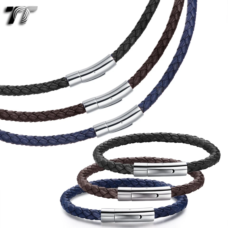 TT 6mm Cuero Con Acero S Clip-On Hebilla Collar Collar + Juego de Pulsera CL09 Foto 1 de 1