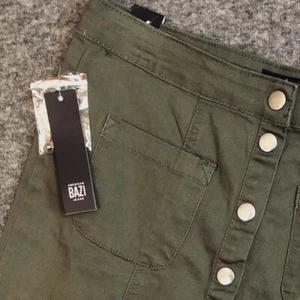 American Bazi Womens M 30”waist Denim Mini Skirt Snap Front A-line Olive Green - Picture 1 of 11