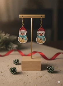 Set orecchini ricamati fatti a mano pupazzo di neve natalizi natalizi - Foto 1 di 2