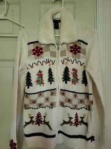 Ladies Reference Point Christmas Sweater W/Fur Collar, Snowflakes, Trees & Deer - Picture 1 of 18