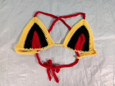 Top de bikini de cuerda hecho a mano ganchillo rojo amarillo negro sujetador bralette triángulo abuela Foto 1 de 2