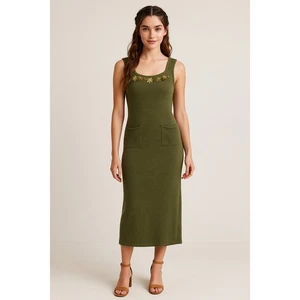 April Cornell Maxi Dress Womens S Green Wool Embroidered Floral Cottagecore VTG - Picture 1 of 18