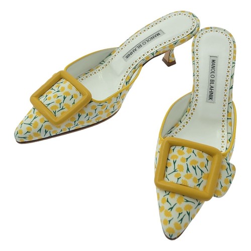 MBT MANOLO BLAHNIK Maysale Fibbia Fiore Mules Giallo Bianco 36 5 Tacco 5 5cm