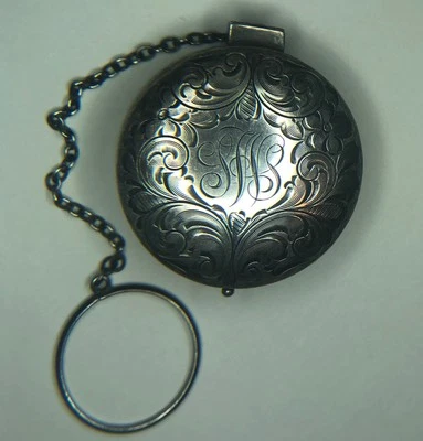 Antiguo Pastillero Chatelaine Esterlina Grabado en Folio Espejado, Init. SWS c.1880 Foto 1 de 4