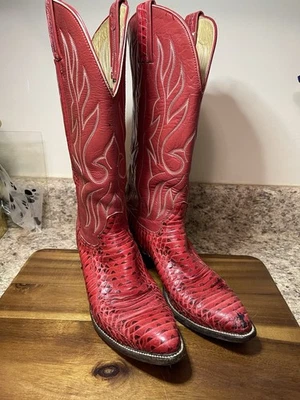 复古女式红色皮革/蛇皮洪都牛仔靴 7 1/2 码 — 第 1/4 张图片