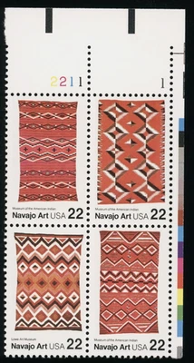 US - 1986 American Folk Art: Navajo Blankets - SC# 2238a Plate Block of 4 MNH OG - Image 1 of 2
