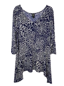 Clara Sun Woo Size L Blue Floral 3/4 Sleeve V-Neck Tunic Blouse Shark Bite Hem - Picture 1 of 7