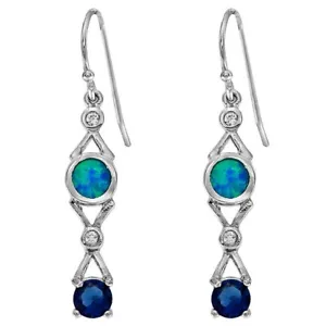 Treated Blue Sapphire & Australian Opal Inlay 925 Sterling Silver Earrings OE7 - Picture 1 of 1