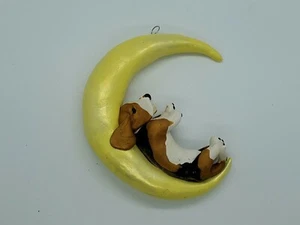 BASSET HOUND Ornament SLEEPING ON CRESCENT MOON Window Hanger TRI CLR Handmade - Picture 1 of 3