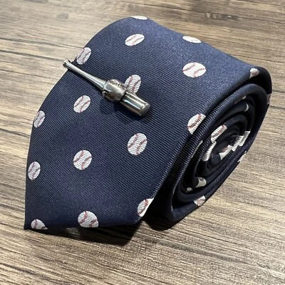 Baseball Sports Tie And Matching Tie Bar Set For Men Fancy Gift Necktie Tie Clip - Image 1 of 4