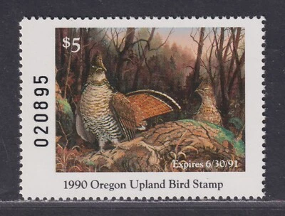 US VF MNH Oregon State 1990-91 Upland Game $5 Ruffed Grouse Revenue Stamp - Image 1 of 2