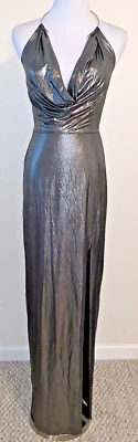 NWT Aidan Mattox Gown Size 4 Silver Metallic Halter Slit Cowl Neck Maxi Dress - Image 1 of 4