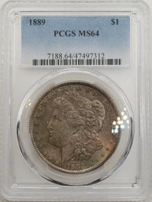 1889-P Morgan Silver Dollar, PCGS MS-64, PURPLE TONE ON OBVERSE, RAINBOW REVERSE - Image 1 of 4